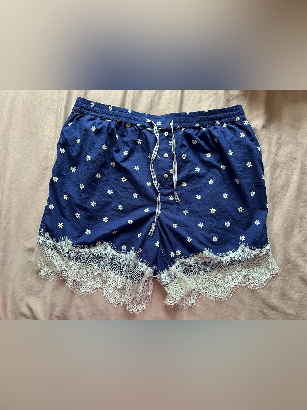 Anthropologie Navy Floral Lace Trim Bloomer Lounge Shorts